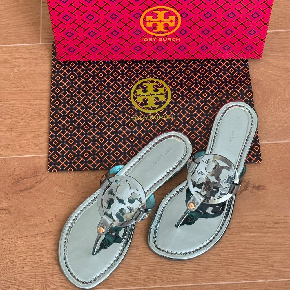 Tory Burch Miller Mirrored Metallic Sandal- Teal Color - Picture 11 of 11
